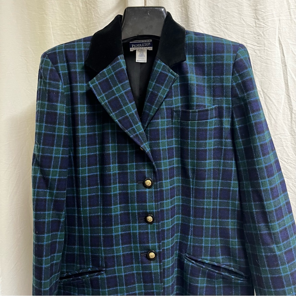 VINTAGE Pendleton Blazer Womens 12 Plaid 100% Wool Jacket Velvet Trim USA